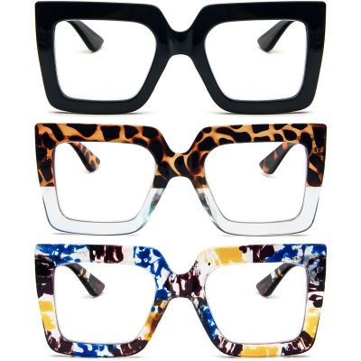REAVEE 3 Pack Oversized Reading Glasses for Women Large Frame Extra Wide, Blue Light Blocking Readers Stylish Square Thick Eyewear, Black+Leopard Blue+Blue Yellow, 3.0