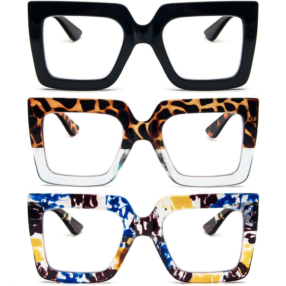 REAVEE 3 Pack Oversized Reading Glasses for Women Large Frame Extra Wide, Blue Light Blocking Readers Stylish Square Thick Eyewear, Black+Leopard Blue+Blue Yellow, 3.0