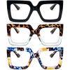REAVEE 3 Pack Oversized Reading Glasses for Women Large Frame Extra Wide, Blue Light Blocking Readers Stylish Square Thick Eyewear, Black+Leopard Blue+Blue Yellow, 3.0 view 1