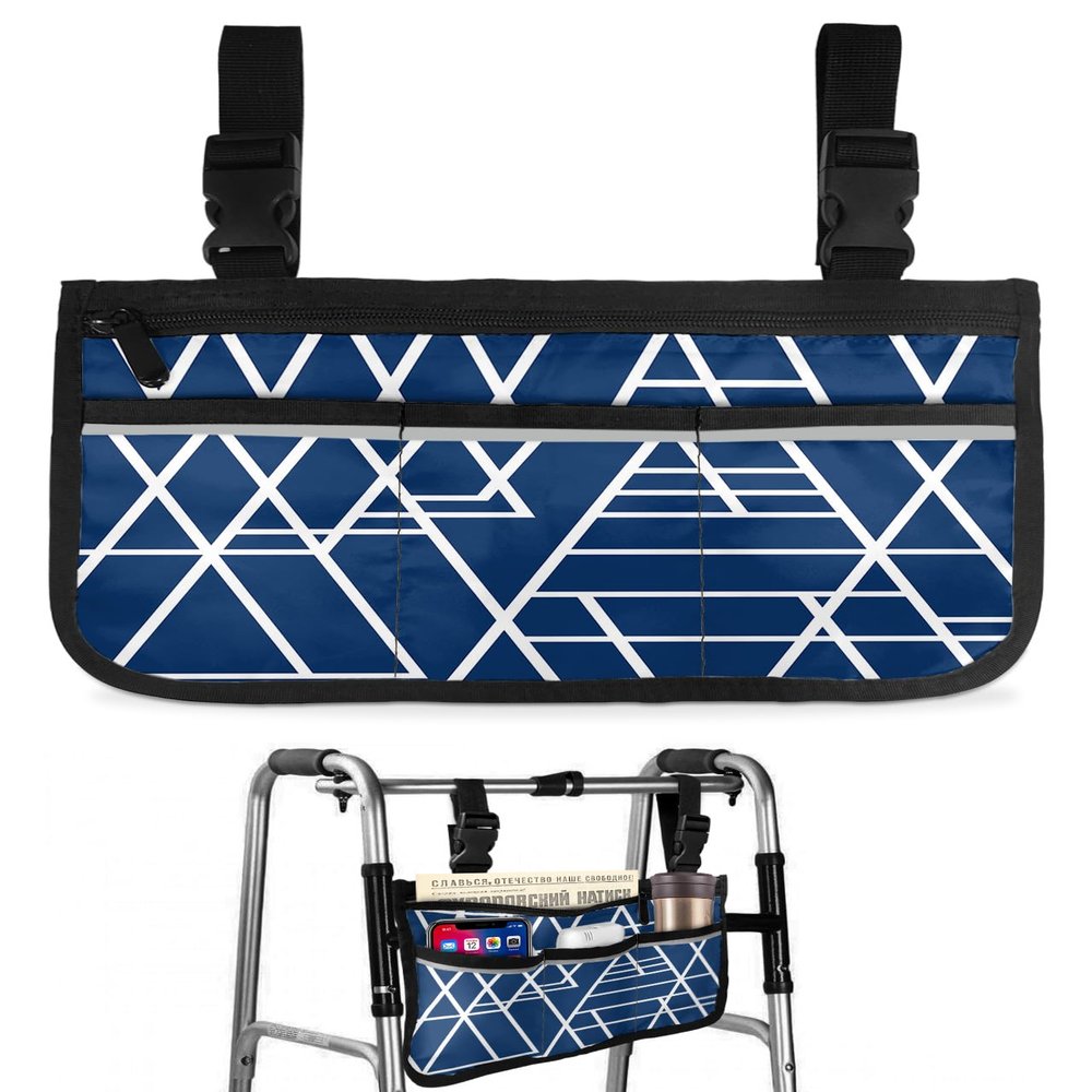Geometric Blue,Wheelchair Side Bag,Wheelchair Walker Armrest Bags with Cup Holder & Reflective Stripes,Mobility Scooter Walker Rollator Wheelchair Accessories Abstract Minimalist Stripes Modern Decor