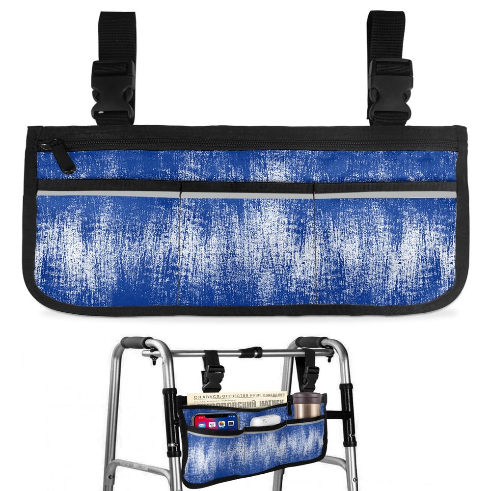 Abstract Blue,Wheelchair Side Bag, Wheelchair Walker Armrest Bags with Cup Holder & Reflective Stripes, Mobility Scooter Walker Rollator Wheelchair Accessories Modern Minimalist Oil Painting Art