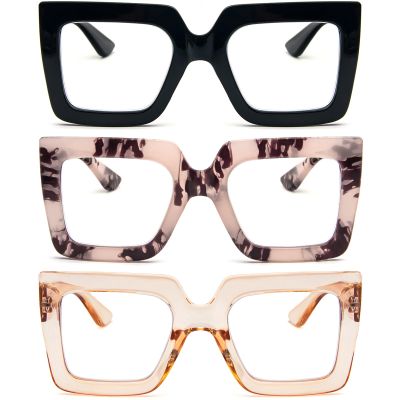 REAVEE 3 Pack Oversized Reading Glasses for Women Large Frame Extra Wide, Blue Light Blocking Readers Stylish Square Thick Eyewear, Black+Leopard Pink+Champagne, 2.5