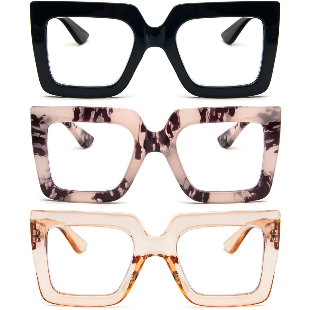 REAVEE 3 Pack Oversized Reading Glasses for Women Large Frame Extra Wide, Blue Light Blocking Readers Stylish Square Thick Eyewear, Black+Leopard Pink+Champagne, 2.5