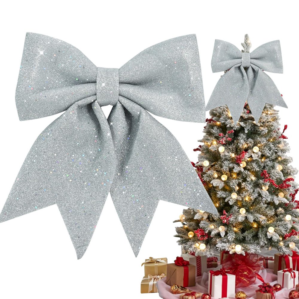 TONIFUL 12x14 Inch Glitter Bow Silver Shiny Christams Bow for Home Party Wedding Indoor Decoration Gift Wrapping Accessories, Christams Whreath Bow DIY Handcraft Bow