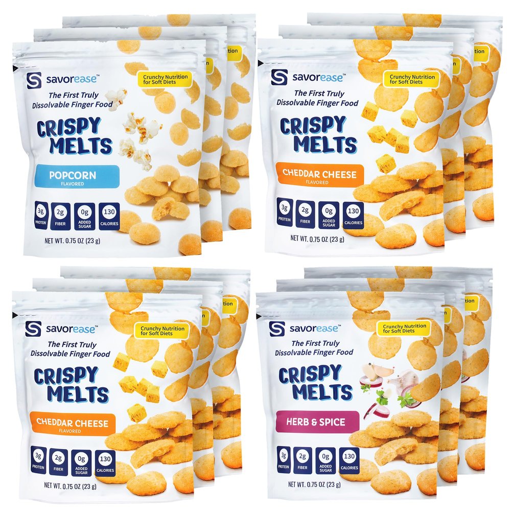 Savorease Crispy Melts Variety Pack  Crunchy Gluten-Free & Non-Dairy Dissolvable Finger Food for Soft Diets Made from Plant-Based Ingredients with No Added Sugar  12 Pack