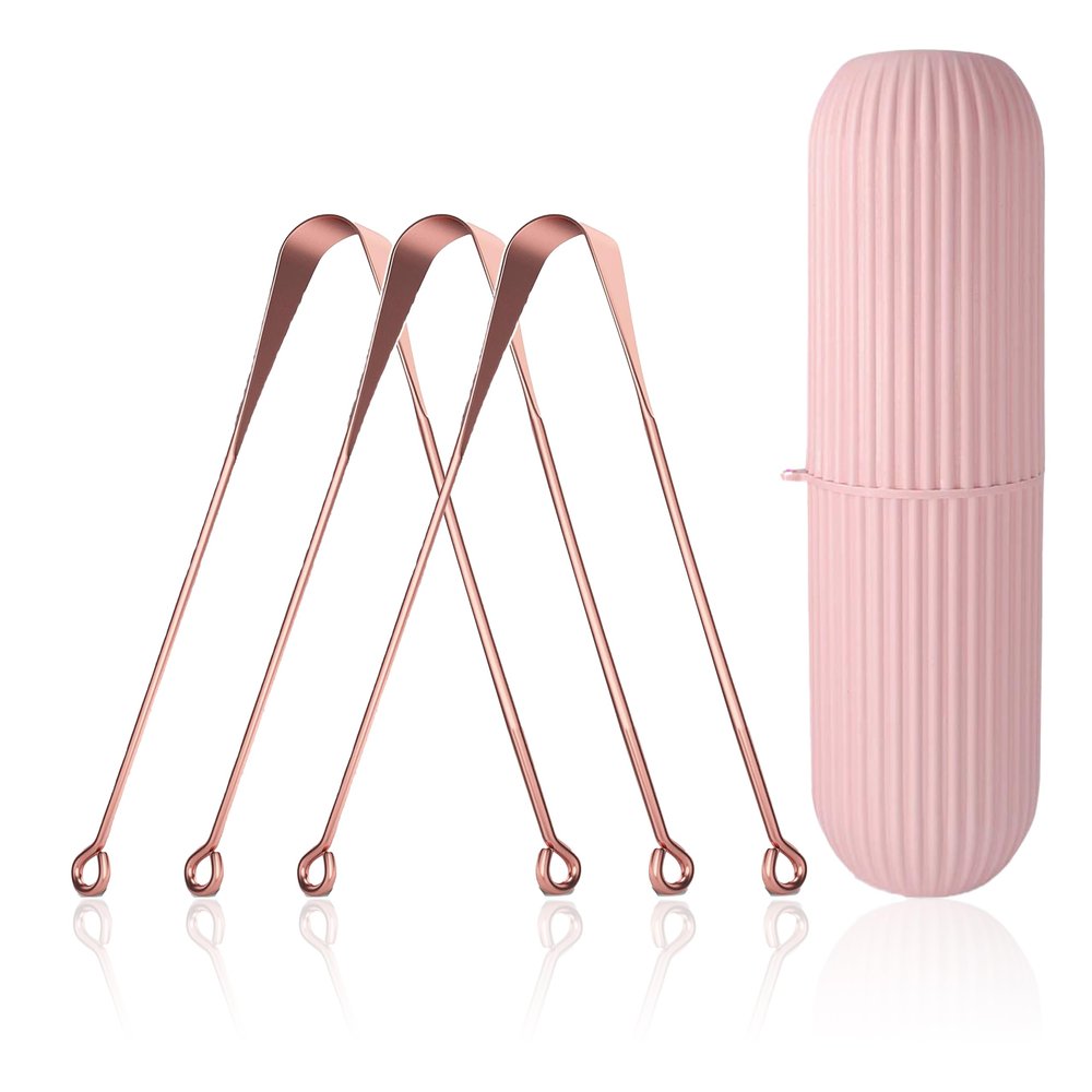 3pcs copper tongue cleaner for kids & adults ayurvedic tongue scraper for bad breath easy to use with travel capsule plastic tooth brush paste holder flexible design for health, oral care tool -3 pack