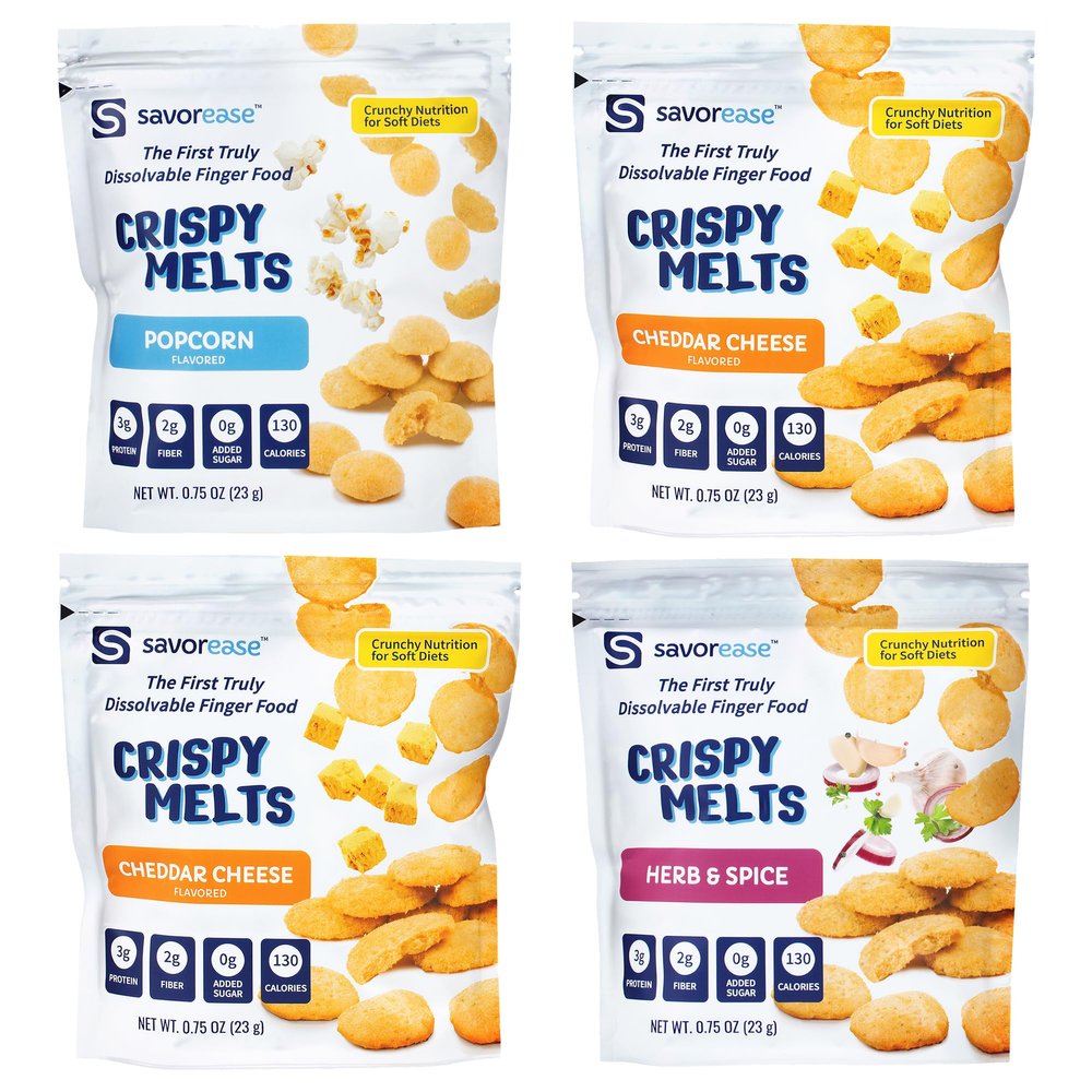 Savorease Crispy Melts Starter Pack  Crunchy Gluten-Free & Non-Dairy Dissolvable Finger Food for Soft Diets Made from Plant-Based Ingredients with No Added Sugar  4 Pack