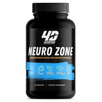 4D NUTRITION Neuro Zone Advanced Nootropic Formula for Cognitive Performance, Men & Women, Caffeine-Free Focus, Concentration, Brain & Memory Support, 60 Capsules