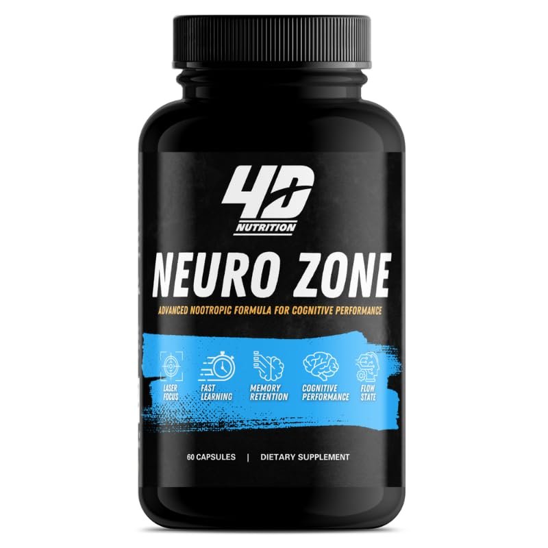 4D NUTRITION Neuro Zone Advanced Nootropic Formula for Cognitive Performance, Men & Women, Caffeine-Free Focus, Concentration, Brain & Memory Support, 60 Capsules