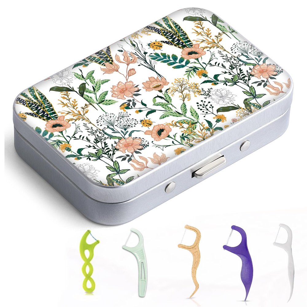 Gerkia Dental Floss Portable Case, Easy to Store Floss Picks of Various Sizes, Portable Dental Floss Dispenser is Perfect for Travelling, Hotels, Dinners, Appointments.White Flower