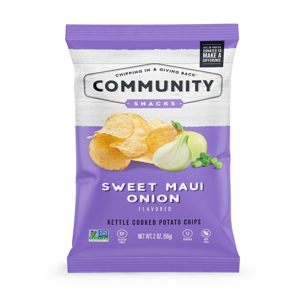 Community Snacks - 25 Count Sweet Maui Onion Flavor Kettle Cooked Potato Chips - 2 Oz Bags - Non-GMO, Gluten-Free, Kosher, Vegan - Island Sweetness Meets Crunchy Delight - Chipping In & Giving Back