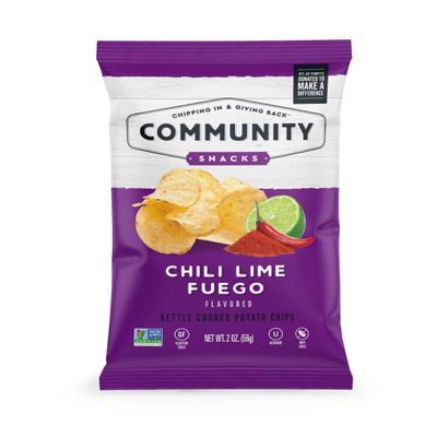 Community Snacks - 25 Count Chili Lime Fuego Flavor Kettle Cooked Potato Chips - 2 Oz Bags - Non-GMO, Gluten-Free, Kosher, Vegan - Spicy Heat Meets Zesty Lime - Chipping In & Giving Back