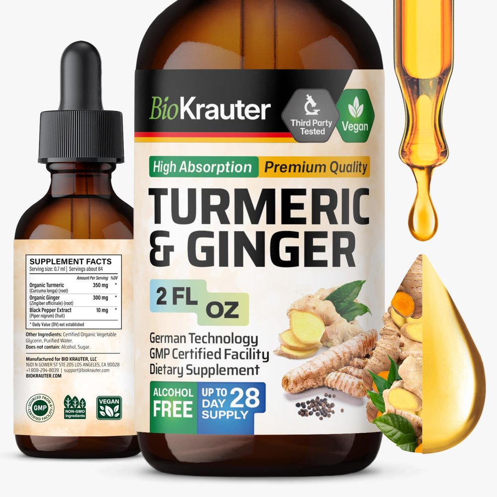 BIO KRAUTER Turmeric and Ginger Supplement - Pure Vegan Liquid Turmeric & Ginger Tincture with Pepper 2 Fl.Oz 28 Days of Supply - Curcumin Drops for Joint Support, Antioxidant & Immune Support