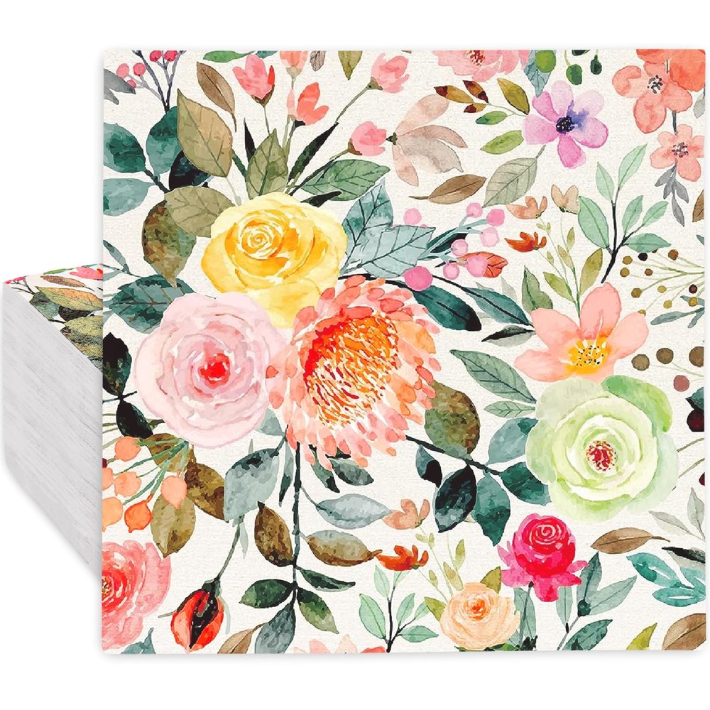 80Pcs Floral Paper Napkin Spring Rose Flower Disposable Luncheon Napkin Dessert Dinner Hand Napkin for Wedding Baby Shower, 6.5 x 6.5 Inch