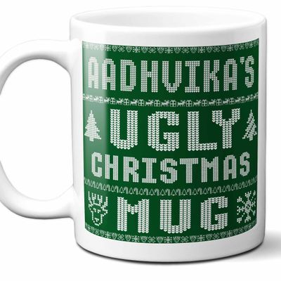 Aadhvika Name Christmas Gift. Personalized Ugly Christmas Sweater Coffee Mug. Funny Custom Xmas Gift, Stocking Stuffer For Friends, Coworkers And Person Who Has Everything. 11 Ounces.