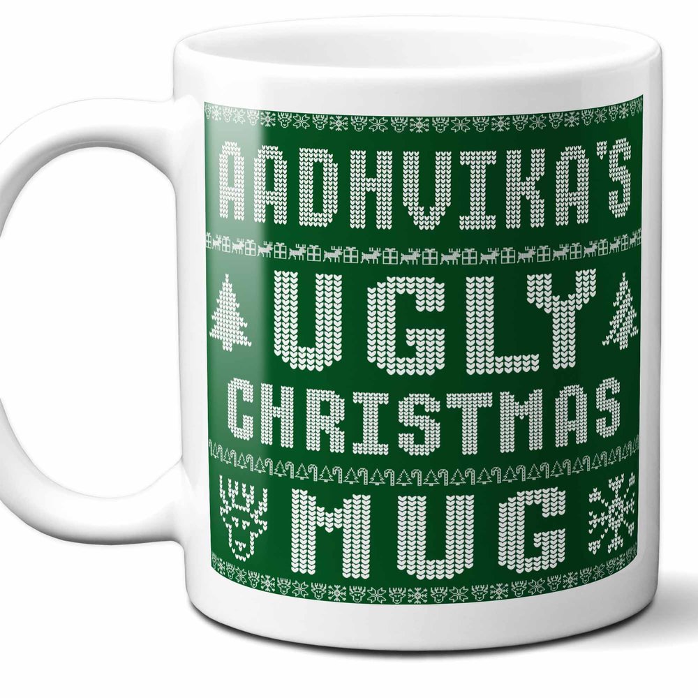 Aadhvika Name Christmas Gift. Personalized Ugly Christmas Sweater Coffee Mug. Funny Custom Xmas Gift, Stocking Stuffer For Friends, Coworkers And Person Who Has Everything. 11 Ounces.