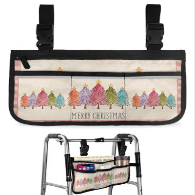 Plaid Christmas,Wheelchair Side Bag, Wheelchair Walker Armrest Bags with Cup Holder & Reflective Stripes, Mobility Scooter Walker Rollator Wheelchair Accessories Watercolor Colorful Xmas Tree