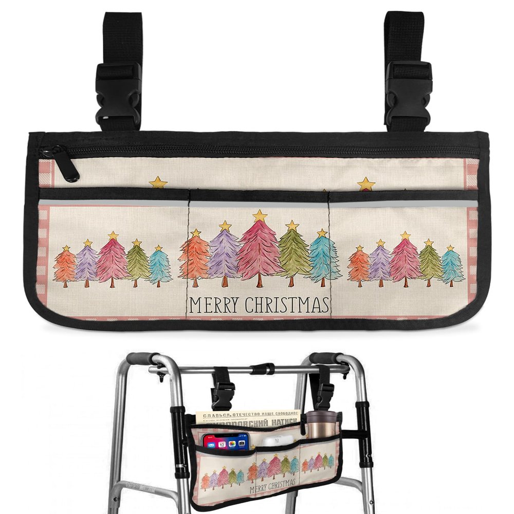 Plaid Christmas,Wheelchair Side Bag, Wheelchair Walker Armrest Bags with Cup Holder & Reflective Stripes, Mobility Scooter Walker Rollator Wheelchair Accessories Watercolor Colorful Xmas Tree