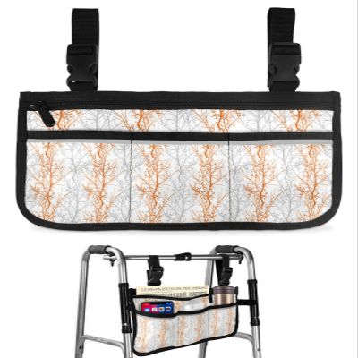 Tree Forest Abstract,Wheelchair Side Bag, Wheelchair Walker Armrest Bags with Cup Holder & Reflective Stripes, Mobility Scooter Walker Rollator Wheelchair Accessories Winter Branch Grey Orange Red