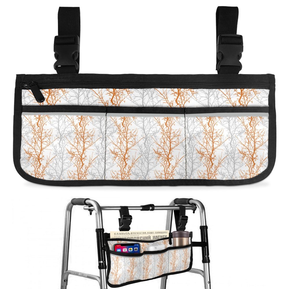 Tree Forest Abstract,Wheelchair Side Bag, Wheelchair Walker Armrest Bags with Cup Holder & Reflective Stripes, Mobility Scooter Walker Rollator Wheelchair Accessories Winter Branch Grey Orange Red