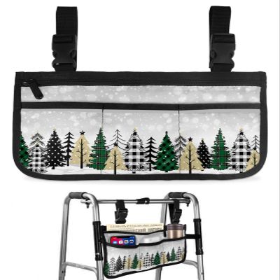 Buffalo Plaid,Wheelchair Side Bag, Wheelchair Walker Armrest Bags with Cup Holder & Reflective Stripes, Mobility Scooter Walker Rollator Wheelchair Accessories Christmas Grey Geometric Tree