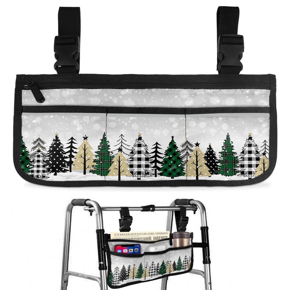 Buffalo Plaid,Wheelchair Side Bag, Wheelchair Walker Armrest Bags with Cup Holder & Reflective Stripes, Mobility Scooter Walker Rollator Wheelchair Accessories Christmas Grey Geometric Tree