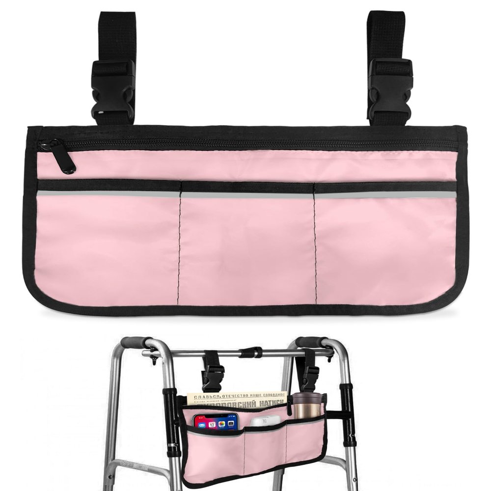 Blush Pink Pure,Wheelchair Side Bag, Wheelchair Walker Armrest Bags with Cup Holder & Reflective Stripes, Mobility Scooter Walker Rollator Wheelchair Accessories Romantic Contemporary Minimalist Solid