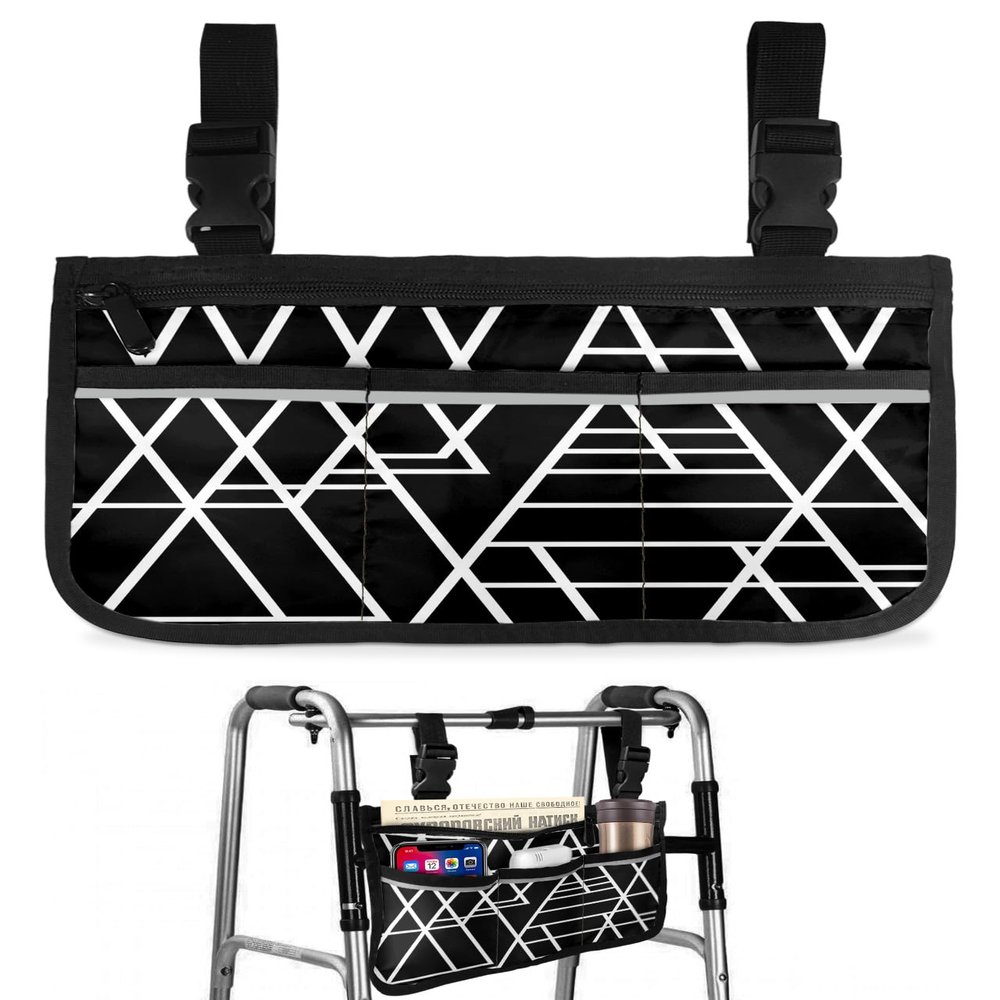 Black White,Wheelchair Side Bag, Wheelchair Walker Armrest Bags with Cup Holder & Reflective Stripes, Mobility Scooter Walker Rollator Wheelchair Accessories Modern Abstract Minimalist Geometric Line