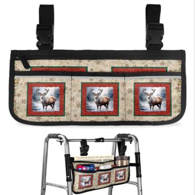 Christmas Forest Elk,Wheelchair Side Bag, Wheelchair Walker Armrest Bags with Cup Holder & Reflective Stripes, Mobility Scooter Walker Rollator Wheelchair Accessories Winter Deer Snowflake Berry