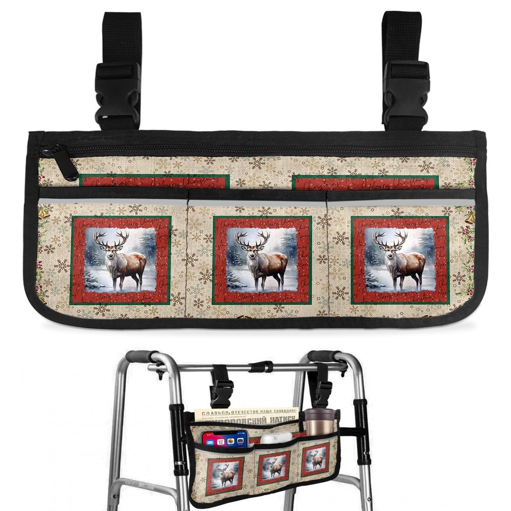 Christmas Forest Elk,Wheelchair Side Bag, Wheelchair Walker Armrest Bags with Cup Holder & Reflective Stripes, Mobility Scooter Walker Rollator Wheelchair Accessories Winter Deer Snowflake Berry