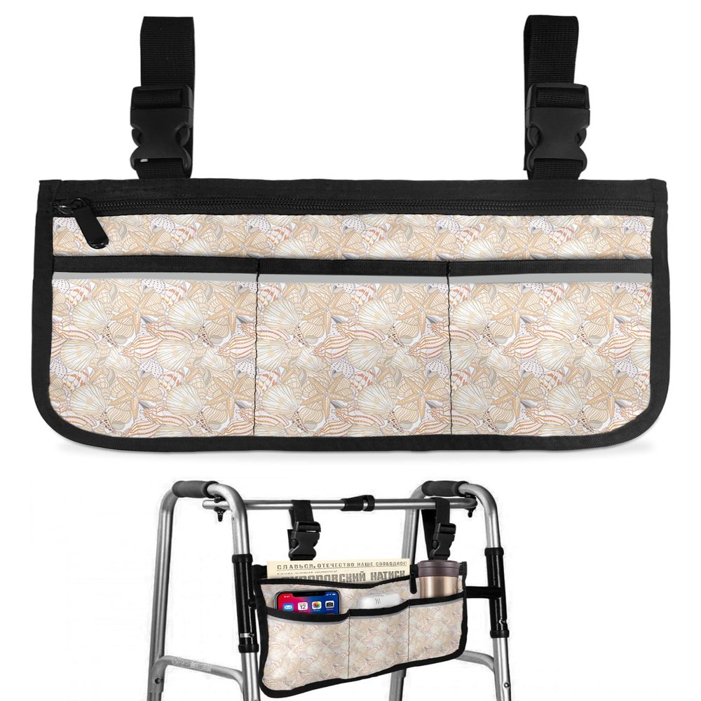 Summer Ocean,Wheelchair Side Bag, Wheelchair Walker Armrest Bags with Cup Holder & Reflective Stripes, Mobility Scooter Walker Rollator Wheelchair Accessories Sea Beach Starfish Shells Coral