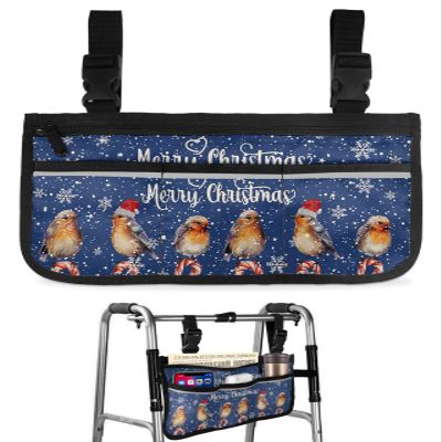 Snowflake Birds,Wheelchair Side Bag, Wheelchair Walker Armrest Bags with Cup Holder & Reflective Stripes, Mobility Scooter Walker Rollator Wheelchair Accessories Vintage Christmas Winter Holiday