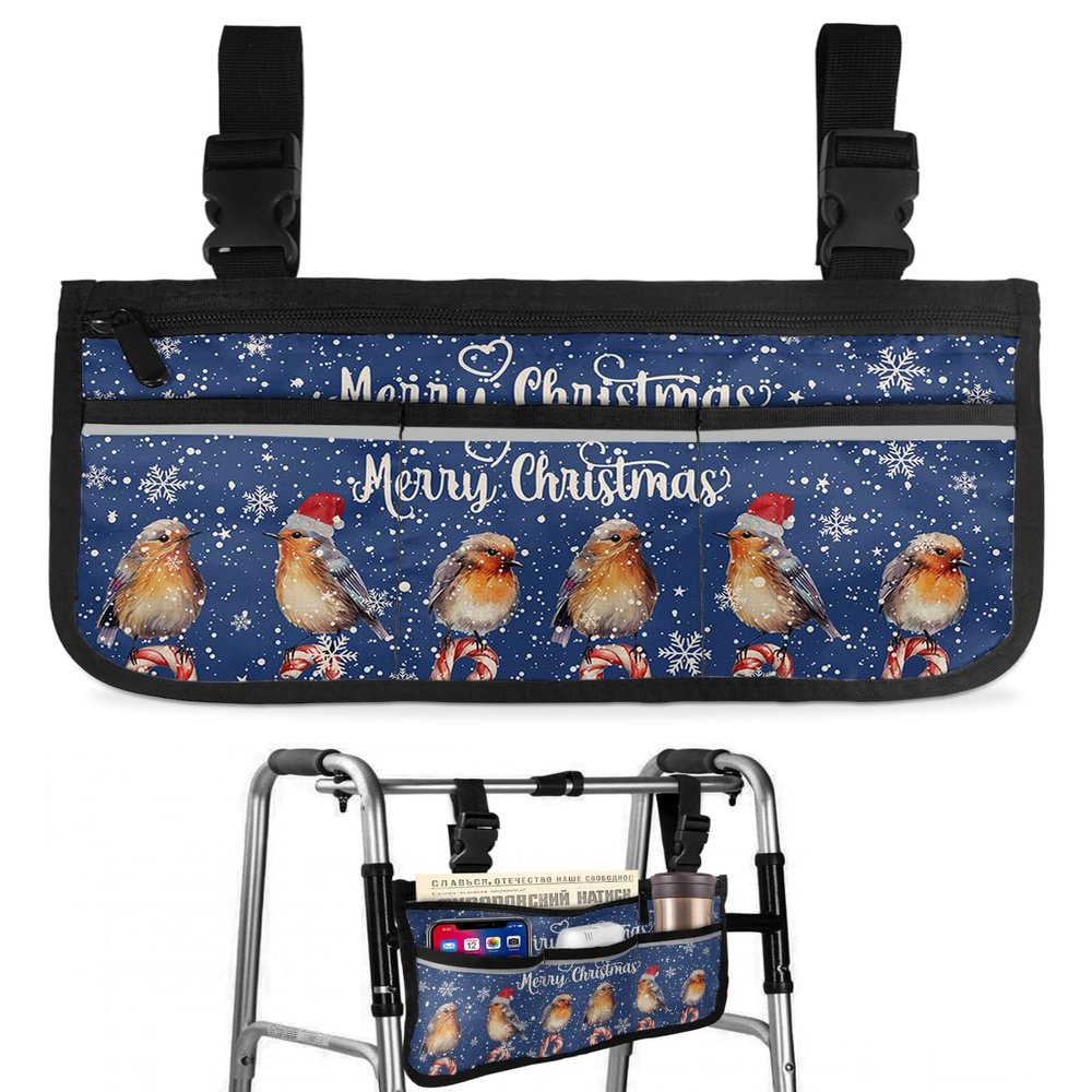 Snowflake Birds,Wheelchair Side Bag, Wheelchair Walker Armrest Bags with Cup Holder & Reflective Stripes, Mobility Scooter Walker Rollator Wheelchair Accessories Vintage Christmas Winter Holiday