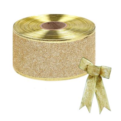 10 Yard Christmas Glitter Wired Ribbon with Metallic Edge 2 Inch Christmas Tree Decorative Ribbons for Gift Wrapping, Wreath Decor, Home DIY Bow Crafts, Xmas Holiday Party Supplies (Gold)