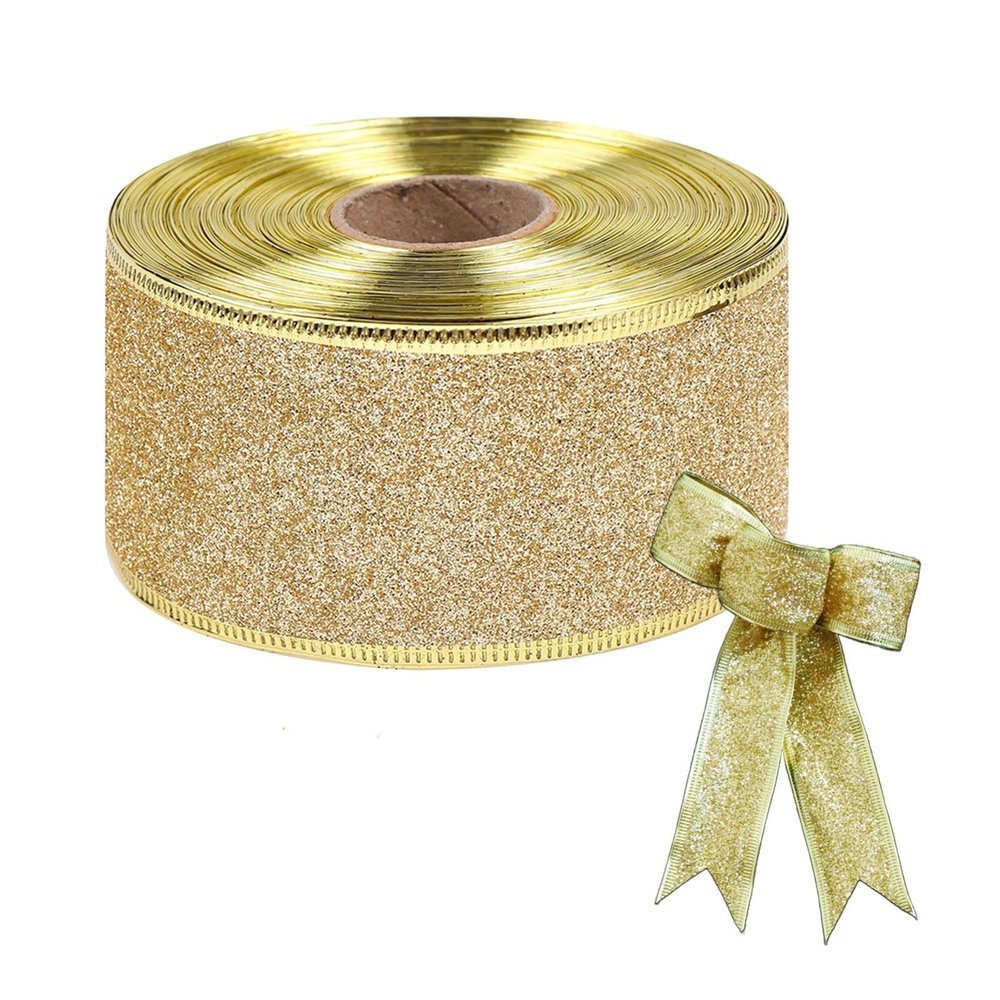 10 Yard Christmas Glitter Wired Ribbon with Metallic Edge 2 Inch Christmas Tree Decorative Ribbons for Gift Wrapping, Wreath Decor, Home DIY Bow Crafts, Xmas Holiday Party Supplies (Gold)