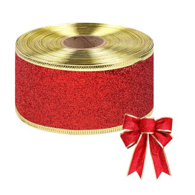 10 Yard Christmas Glitter Wired Ribbon with Metallic Edge 2 Inch Christmas Tree Decorative Ribbons for Gift Wrapping, Wreath Decor, Home DIY Bow Crafts, Xmas Holiday Party Supplies (Red)