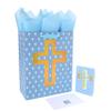 13" Large Blue Gift Bag Set with Greeting Card and Tissue Papers (Foil Cross Design), Tissue Paper for First Communions, Halloween, Christmas, Baby Boy Baptisms, Christenings, Religious view 1