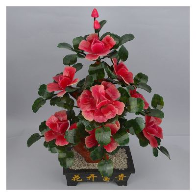 Artificial Bonsai Artificial Bonsai Natural Jade Ornaments Pink Peony Flower Jade Potted Decorative Bonsai Desk Display Pot Ornaments for Home Office