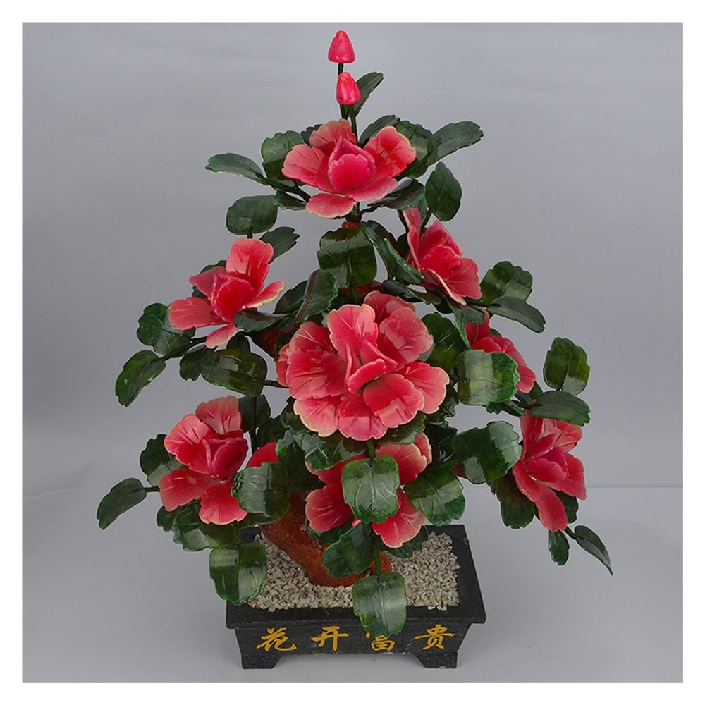 Artificial Bonsai Artificial Bonsai Natural Jade Ornaments Pink Peony Flower Jade Potted Decorative Bonsai Desk Display Pot Ornaments for Home Office