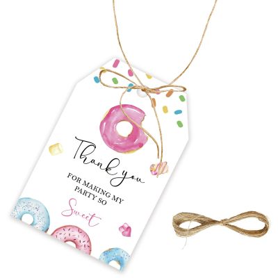 50pcs Donut Thank You Tags, Sweet One Gift Tag with String for Donut Themed Party, Thank You Paper Tags for Girl First Birthday/Two Sweet Birthday Party Favors