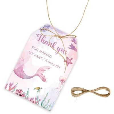 50pcs Mermaid Thank You Tags, Magical Gift Tag with String for Mermaid Birthday Party, Ocean World Thank You Paper Tags for Under The Sea Theme Birthday Party Favors