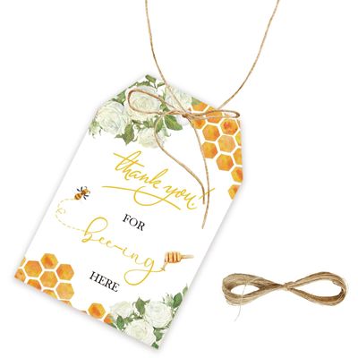 50pcs Bee Thank You Tags, Bumble Bee Gift Tag with String for Gender Reveal Party, Thank You Paper Tags for Bee Themed 1st Birthday/Engagement/Honey Bridal Shower Party Favors