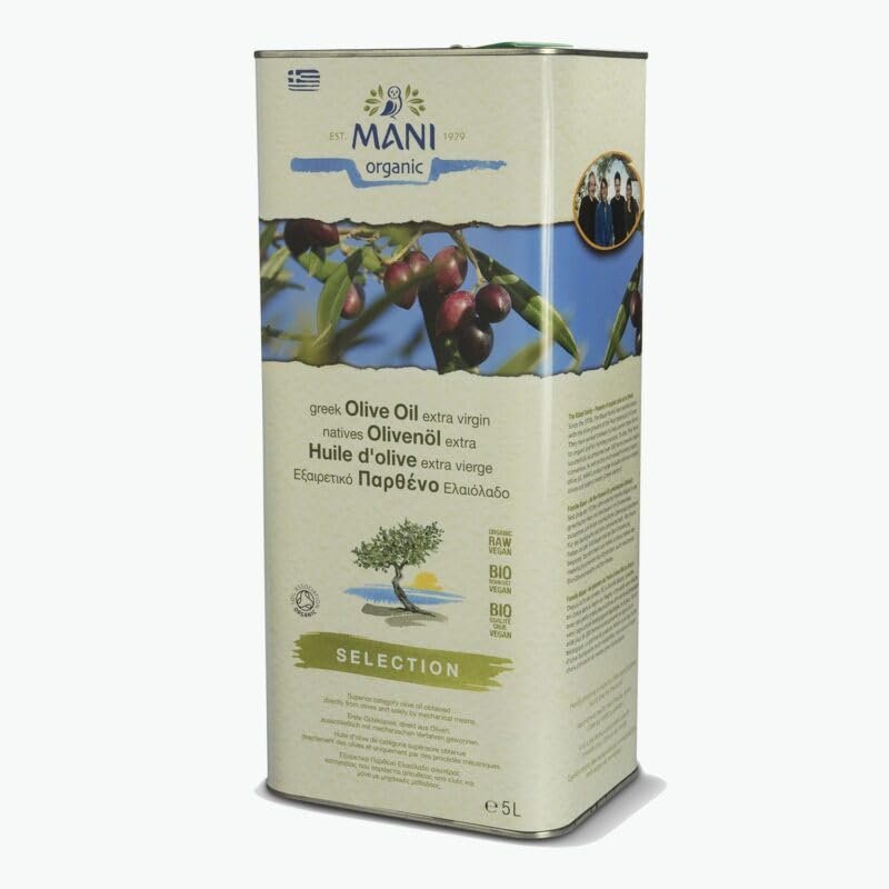 Mani Blauel Organic Extra Virgin Olive Oil, Cold Pressed Greek Olive Oil Greece, High in Polyphenol, Multi-awarded Cooking Oil, NEW Harvest, 5ltr Tin