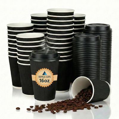 Nationwide Paper Coffee Cups with Lids, Insulated Ripple Hot Paper Cups, Disposable Cups for Takeaway Hot Drinks, (16oz-50 Pcs, Black)