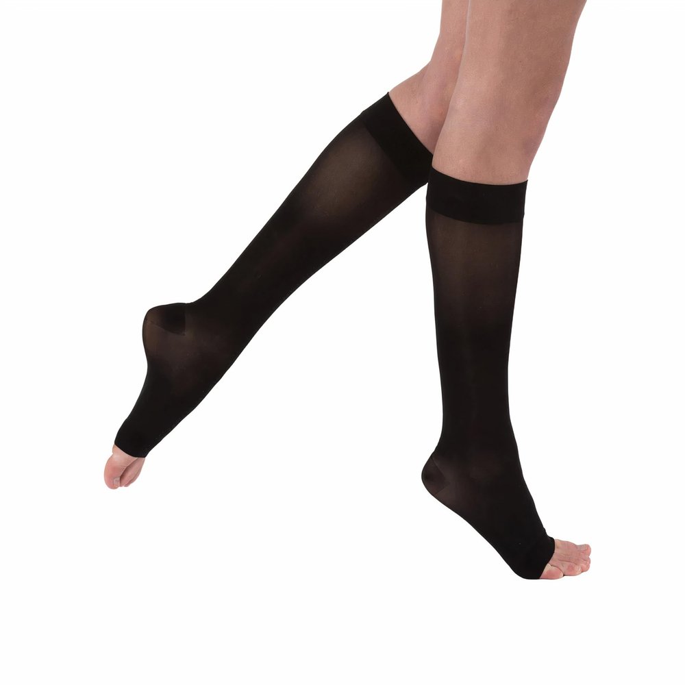 Juzo Naturally Sheer 20-30 mmHg Compression Stockings, Knee High, Open Toe | Compression Socks for Women/ Men for Tired, Aching or Swollen Legs, Moderate Varicosities | Black, X-Large (V)