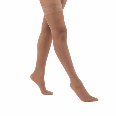 Juzo Naturally Sheer 20-30 mmHg Compression Stockings, Microdot Silicone Border, Thigh High, Closed Toe | Compression Socks for Aching or Swollen Legs, Moderate Varicosities | Beige, X-Large (V) Short