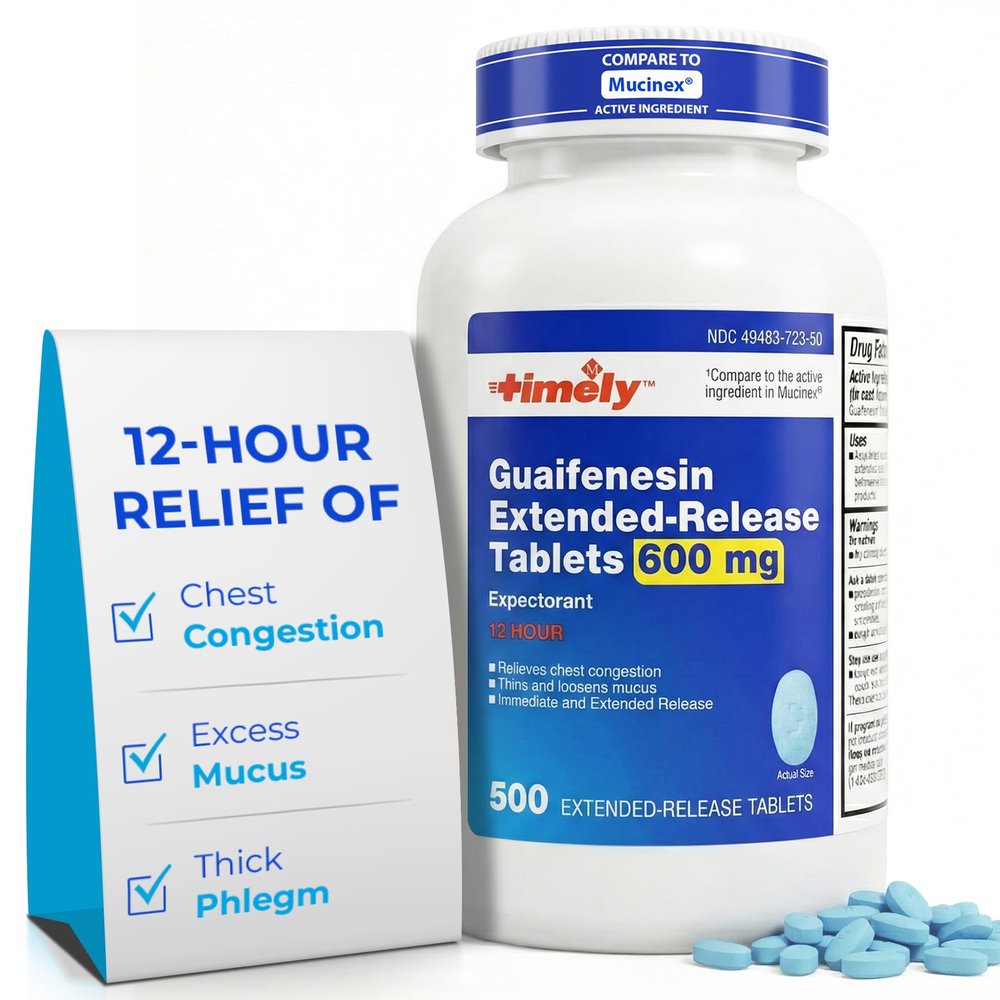 TIME-Cap Labs Guaifenesin 600mg Extended Release, Expectorant Mucus Relief & Chest Congestion Relief for Adults, 12 Hour Chest Congestion Support Tablets, 500 Count