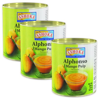 Ashoka Canned Mango Pulp, Premium Alphonso Mango Extract - Sweetened, Great for Making Shakes, Smoothies, Salads, and Baking, Kosher Certified, 30 Ounce (Pack of 3)