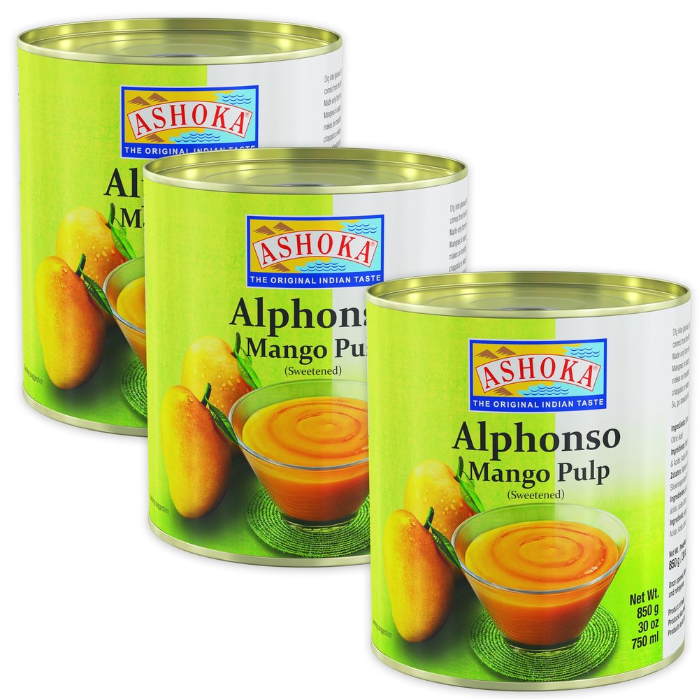 Ashoka Canned Mango Pulp, Premium Alphonso Mango Extract - Sweetened, Great for Making Shakes, Smoothies, Salads, and Baking, Kosher Certified, 30 Ounce (Pack of 3)