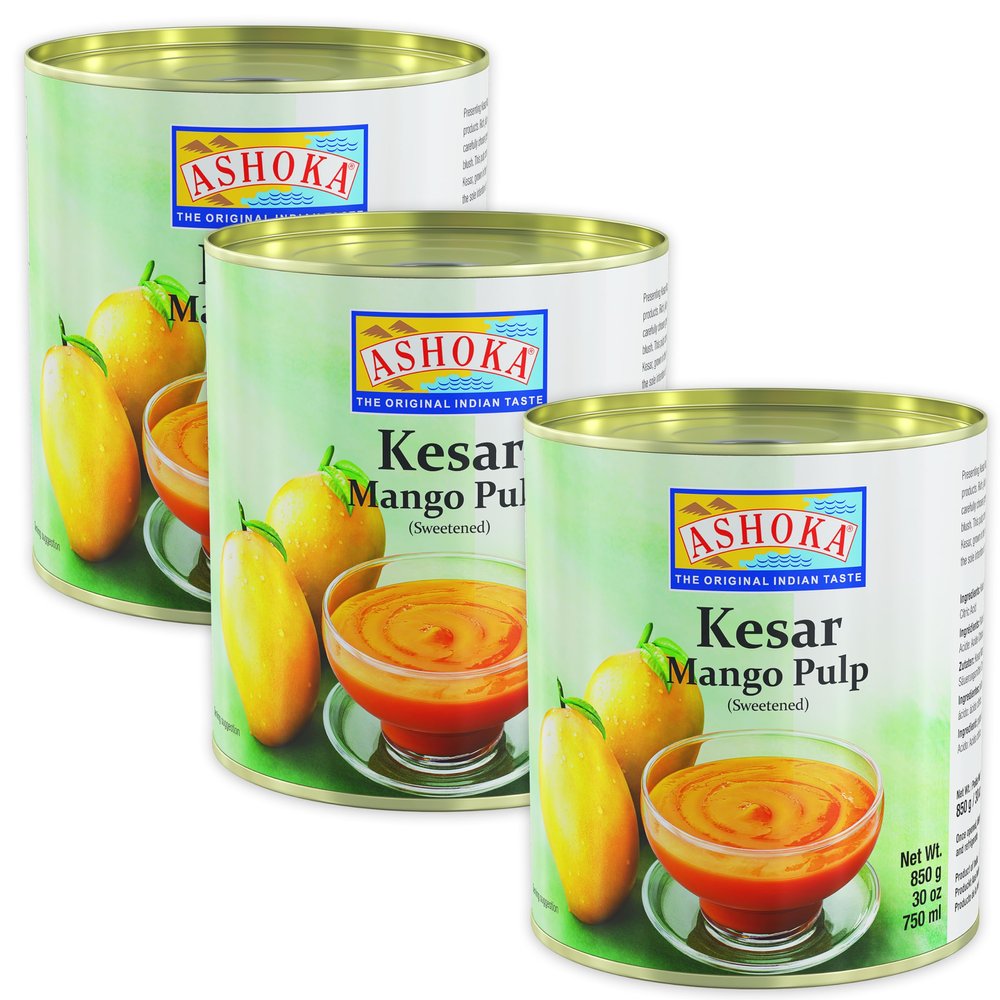 Ashoka Premium Mango Puree, Sweetened Kesar Mango Pulp, Great for Smoothies, Juices, Baking, and Eating as Whole, Rich Mango Concentrate from India, Kosher Certified, 30 Ounce (Pack of 3)